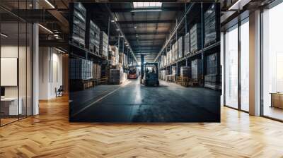 forklift tractor loader at the warehouse. truck parked loading at dock warehouse. road freight industry delivery, Generative AI Wall mural