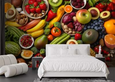 Healthy and unhealthy food background from fruits and vegetables vs fast food, sweets and pastry top view. Diet and detox against calorie and overweight lifestyle concept. Generative AI Wall mural