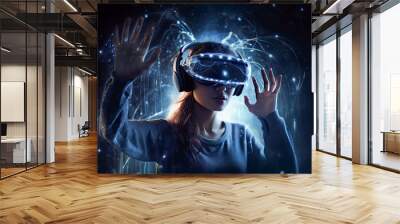 Woman and man wearing gaming headset. Concept of virtual reality, games and metaverse. Generative AI Wall mural