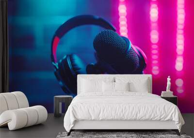 A black microphone and headphones stand in front of a colorful brick wall with neon lights behind. Wall mural