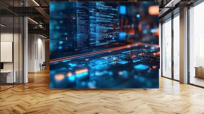 A close-up of a laptop screen displaying lines of code, with glowing blue and orange light highlighting the keyboard and circuits. Wall mural