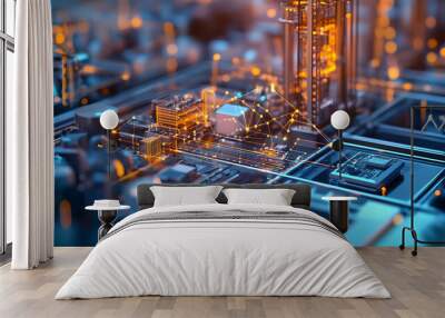 A close-up view of a futuristic cityscape with glowing lines connecting buildings. Wall mural