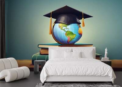 A globe wearing a graduation cap sits on top of a stack of books on a wooden table. Wall mural