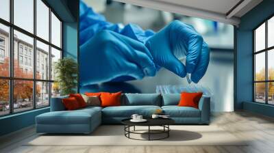 A gloved hand places a small sample into a plastic tray for analysis. Wall mural