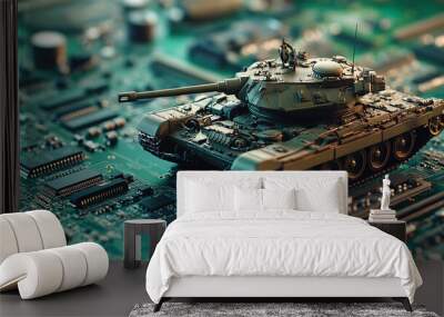 A miniature tank sits on a circuit board, representing the intersection of warfare and technology. Wall mural