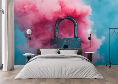 A rusty padlock with a keyhole is surrounded by pink smoke against a blue background. Wall mural