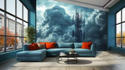 A tall cell phone tower stands tall against a backdrop of dramatic stormy clouds. Wall mural