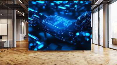 Abstract digital chains glowing in blue neon light, close-up. Wall mural