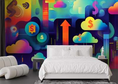 Abstract illustration of a colorful cityscape with dollar signs and an arrow pointing upwards, symbolizing financial growth and success. Wall mural