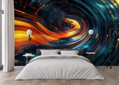 Abstract swirling tunnel of glowing orange and blue light with digital code. Wall mural