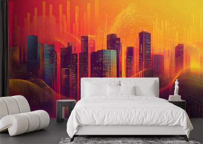 An abstract cityscape with bright neon colors, showing a futuristic and modern city skyline. Wall mural