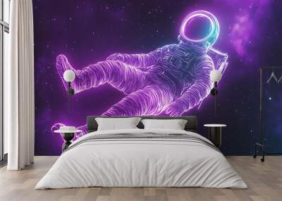 An astronaut in a neon outline suit floats in a starry, purple galaxy. Wall mural