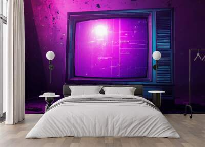 An old television set with a static screen and a pink light. Wall mural