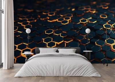 Black neon blue and orange neon  hexagons background. 3d background Wall mural