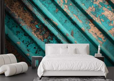 Close-up of a weathered and rusty corrugated metal sheet with turquoise paint. Wall mural