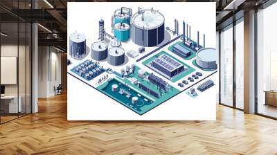 Isometric 3D illustration of a modern industrial plant with large storage tanks, processing equipment, and pipes. Wall mural