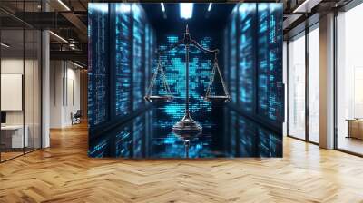 Scales of justice in a server room with glowing blue code in the background. Wall mural