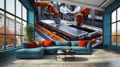 Two robotic arms working on an assembly line in a factory. Wall mural