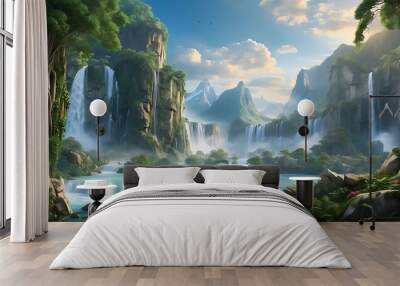 Waterfalls mystical forest, fantasy, fairy tale, magical, generative AI Wall mural