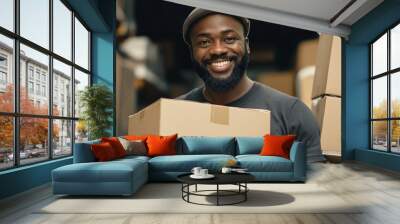 A smiling warehouse worker with a cardboard box in an industrial storage environment, representing logistics and shipping Wall mural