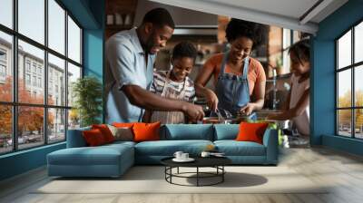 An African American family sharing and cooking together. Wall mural