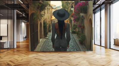 Stylish woman is taking in the beauty of an old european town while walking down a cobblestone street Wall mural