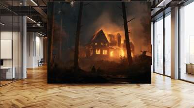 Abandoned house in a forest during a fire. Horror scene.. Generative AI Wall mural