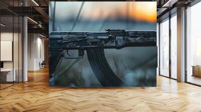 Automatic assault rifle in the autumn forest. Selective focus. Wall mural