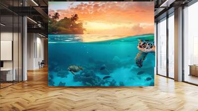 Colorful coral sea turtles swimming gracefully Wall mural