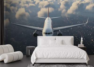 Commercial airplane flying in the sunset sky Wall mural