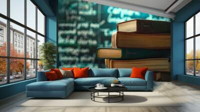 Composite image of pile of books against mathematical equations on black background Wall mural