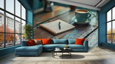 Cup of coffee with notebook on table. Wall mural