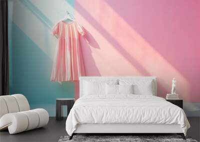 Fashionable woman in pink dress on blue and pink background Wall mural