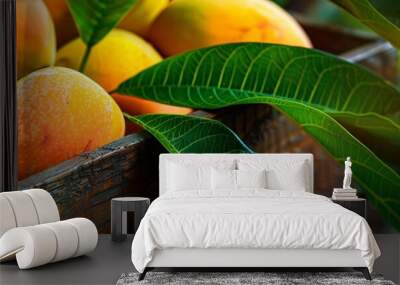 Mango with leaves in wooden box on dark background. Wall mural