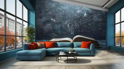 Opened book and glowing lamp on wooden floor with business sketches on wall. Wall mural