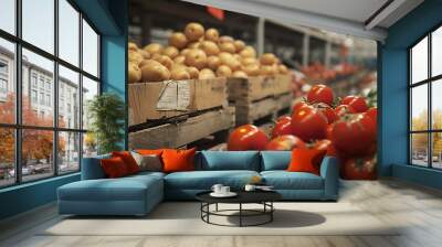 Potatoes and tomatoes in a warehouse. Wall mural