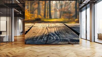 The empty rustic wooden table for product display. Wall mural