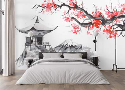 Japan traditional sumi-e painting. Fuji mountain, sakura, sunset. Japan sun. Indian ink vector illustration. Japanese picture. Wall mural