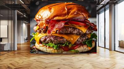 A juicy double cheeseburger topped with crispy bacon, fresh lettuce, and ripe tomatoes, served in a toasted bun, with a vibrant and slightly blurred background.  Wall mural