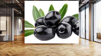 Black olives with leaves  isolated on transparent or white background Wall mural