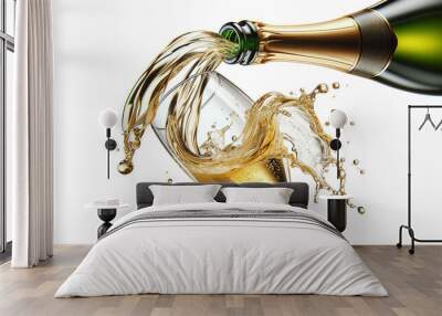 champagne being poured from a bottle into a glass  isolated on transparent or white background Wall mural