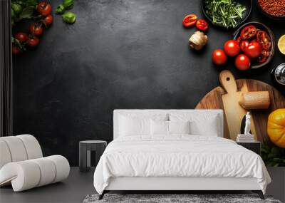 Delicious fresh ingredients on dark decoration background. food background or banner	
 Wall mural