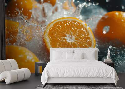 Freeze Motion Shot of Splashing Fresh Oranges. Fresh fruits. Food background Wall mural