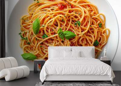 spaghetti on plate top view isolated on transparent or white background Wall mural