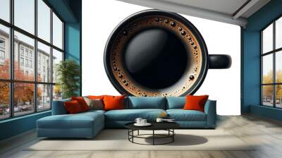 Top view of black coffee in a black ceramic mug, isolated on transparent or white background Wall mural