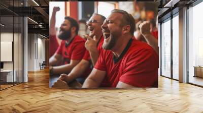 A group of men in red sports jerseys are sitting at the bar laughing and cheering for their team, watching football on TV together with friends while drinking beer Wall mural