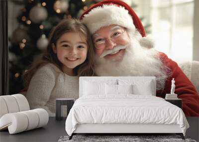 Photo of a smiling Santa Claus sitting on his chair, holding two happy children Wall mural