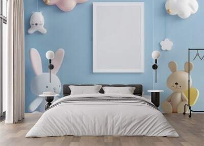 A blank picture frame hangs on a blue wall in a child's playroom. with a table. two chairs. toys and fluffy clouds Wall mural