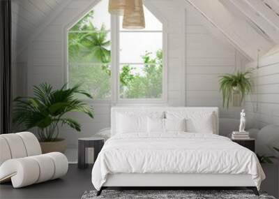 A cozy bedroom with white walls and a large window overlooking a lush green garden. The room is decorated with plants, a comfortable bed with white linens, and two wicker hanging lamps. Wall mural