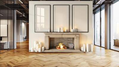 A cozy living room interior with a fireplace, candles, and three blank frames on the wall. Perfect for showcasing your artwork or designs Wall mural